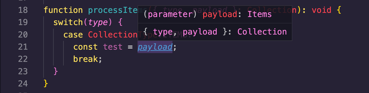 Hover on payload showing full type info